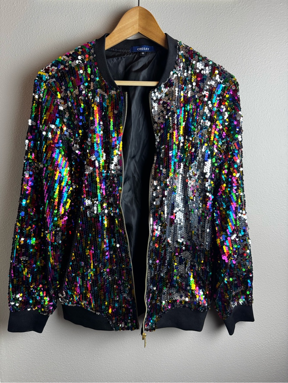 CRESAY Black Multicolor Sequin Bomber Jacket